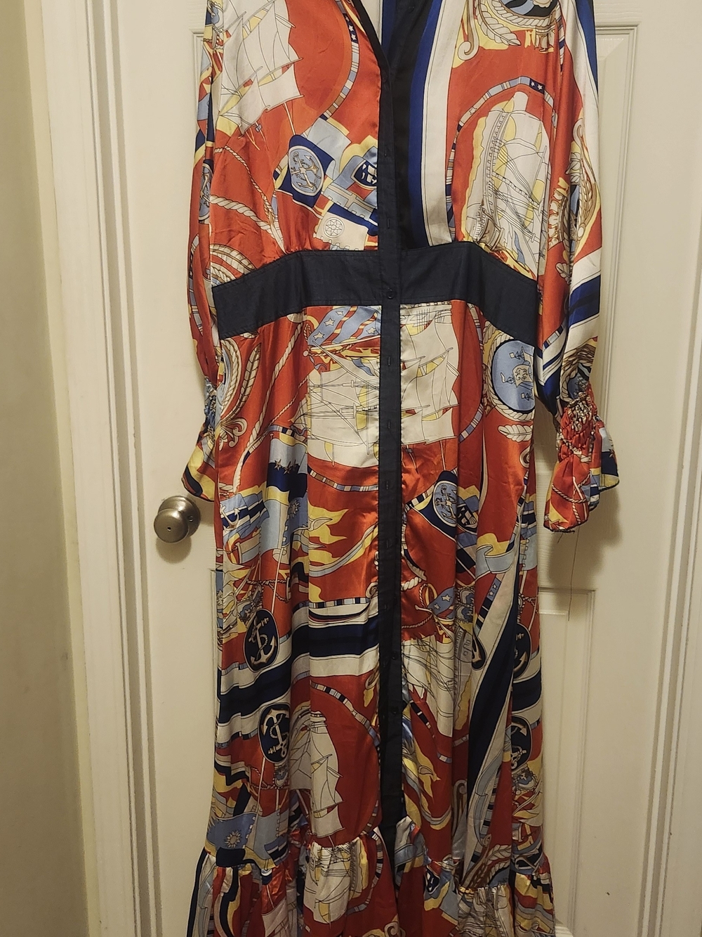 Red Nautical Print Maxi Dress with Navy Trim